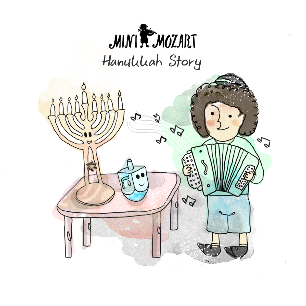 Illustration of boy with accordion and menorah celebrating Hanukkah