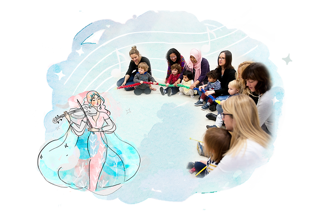 Photograph of toddlers sitting in a circle with parents on a watercolour background, watch